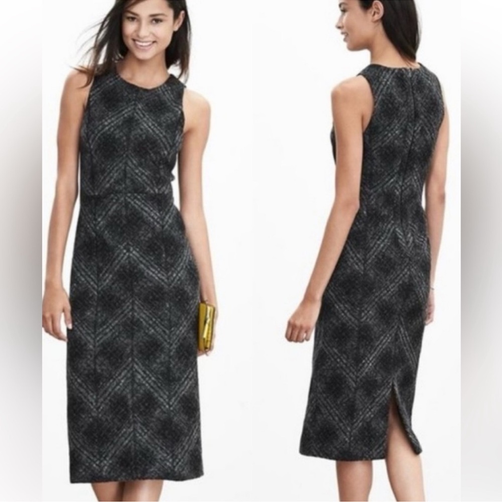 Banana Republic Wool Blend Sheath Midi Dress in Black/Grey Plaid, Women's 4